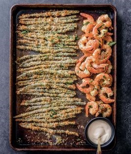 Garlicky shrimp with asparagus fries & Meyer lemon aioli