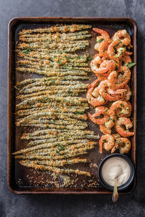 Garlicky shrimp with asparagus fries and Meyer lemon aioli