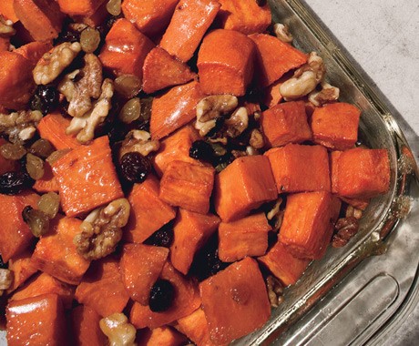 Garnet yams with maple syrup, walnuts, and brandied raisins