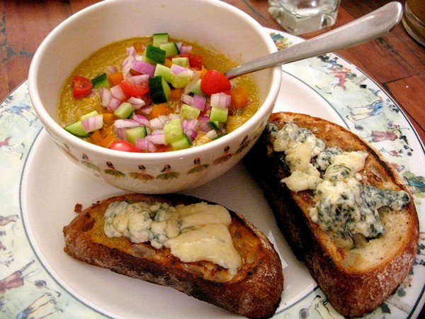 Gazpacho and blue cheese toasts