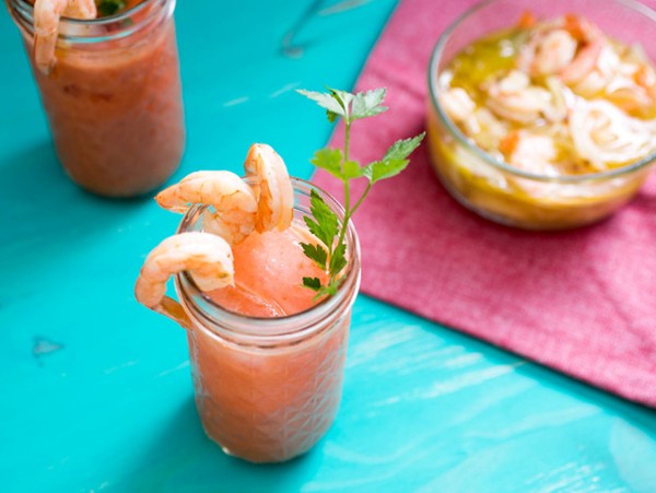 Gazpacho bloody Mary with pickled shrimp