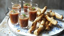 Gazpacho shots with tiger prawns
