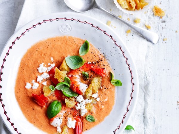 Gazpacho with feta & prawns