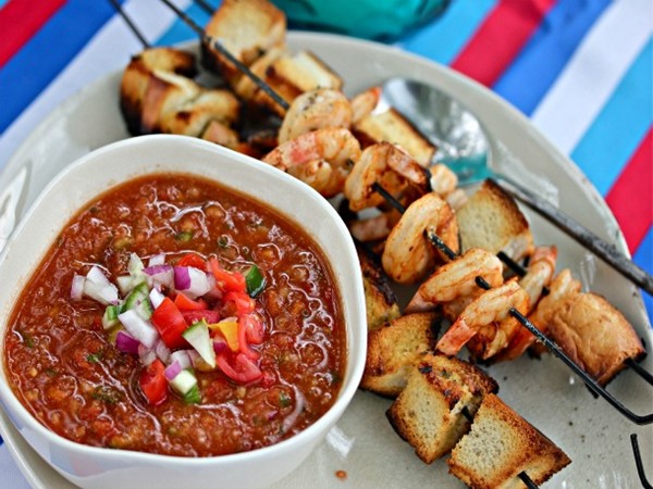 Gazpacho with grilled paprika shrimp and garlic croutons