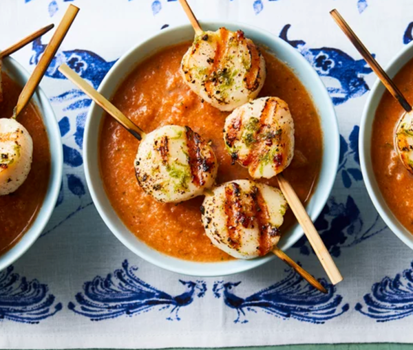 Gazpacho with scallop brochettes