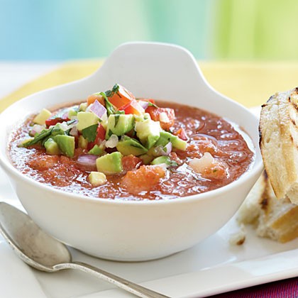 Gazpacho with shrimp and avocado relish