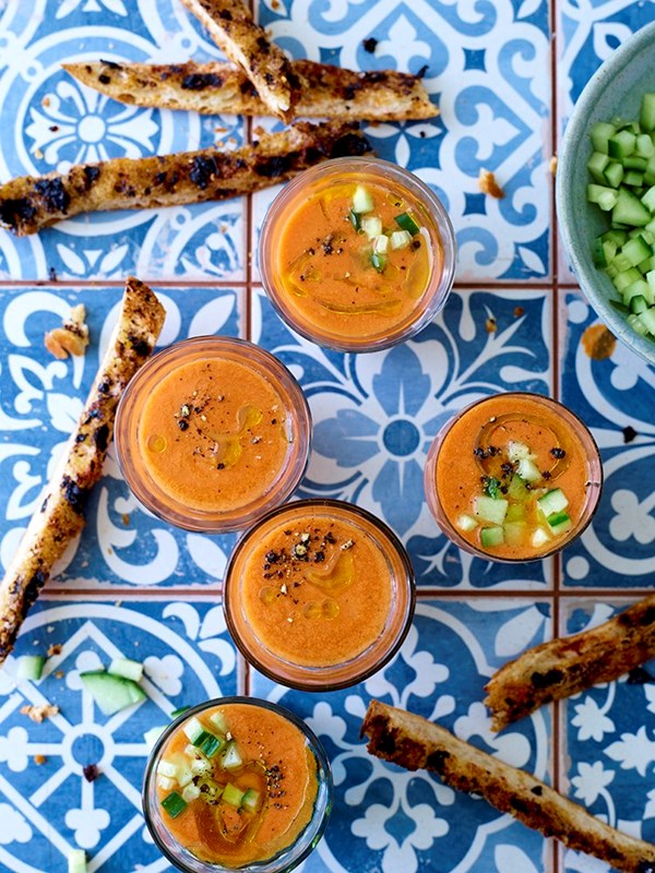 Gazpacho with tapenade breadsticks