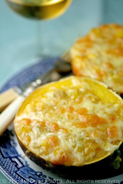 Gem squash with a cheesy spicy creamed sweetcorn filling