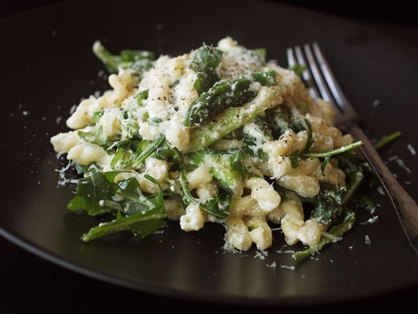 Gemelli with asparagus, ricotta, arugula, and lemon zest