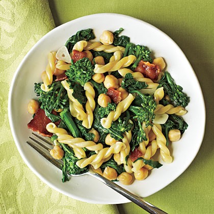 Gemelli with broccoli rabe, bacon, and chickpeas