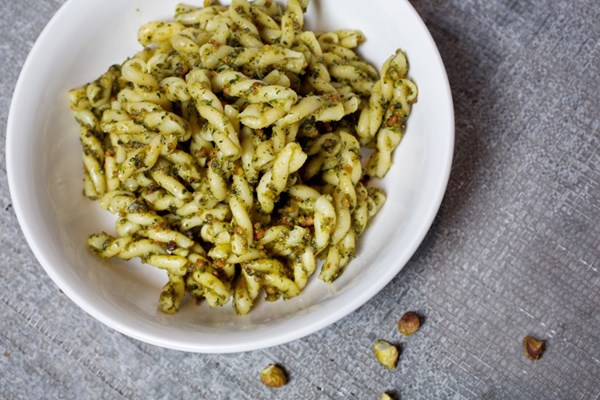 Gemelli with mint parsley pistachio pesto