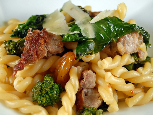 Gemelli with rapini, sausage and raisins