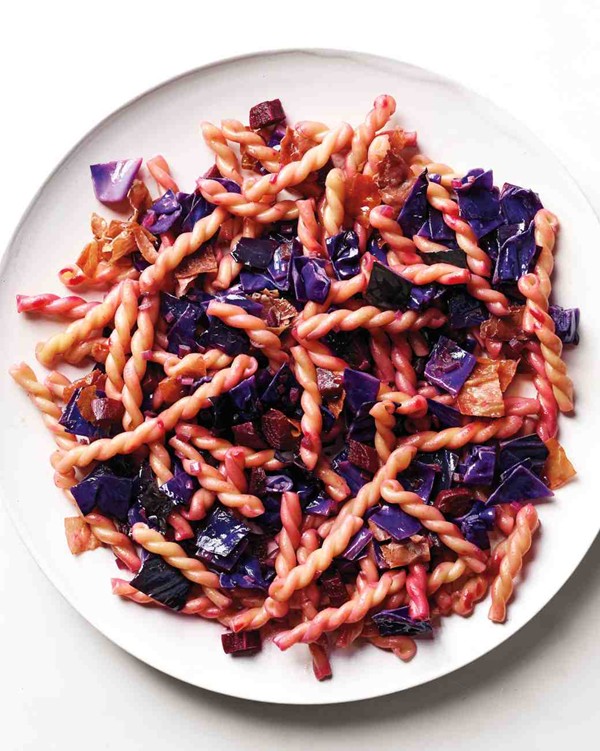Gemelli with red cabbage, beet, and prosciutto