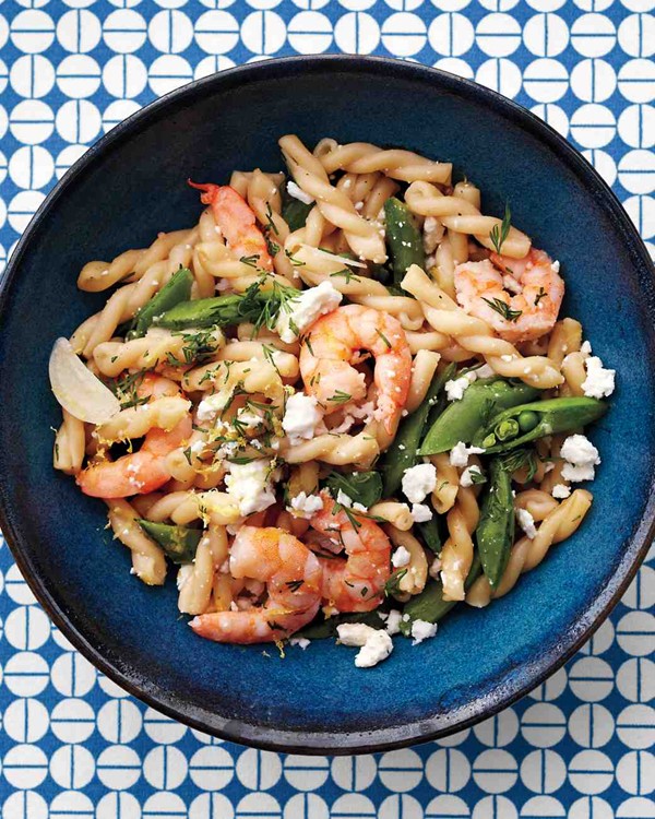 Gemelli with shrimp and sugar snap peas