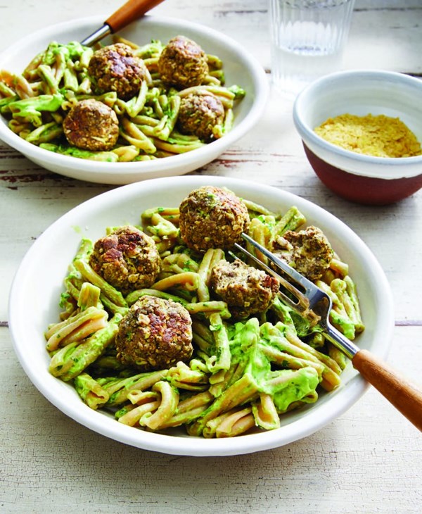 Gemelli with zucchini meatballs and avocado chimichurri