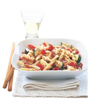 Gemelli with zucchini, tomatoes, and bacon