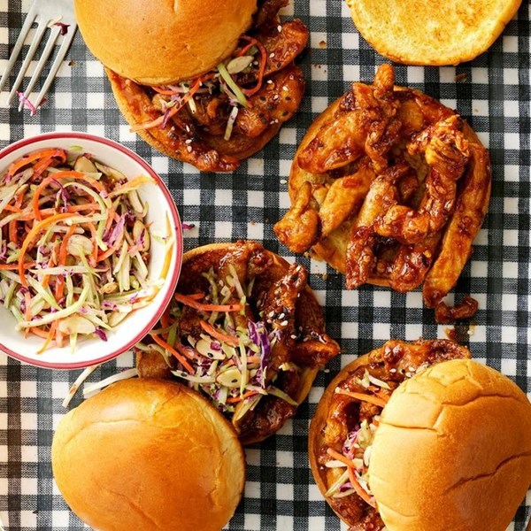 General Tso's chicken sandwich with broccoli slaw