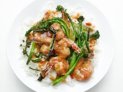 General Tso's shrimp with broccolini