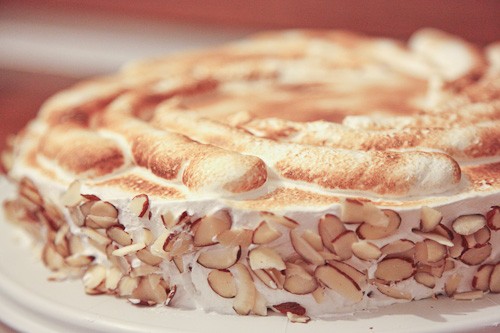 Genoise cake with boysenberry filling and Italian meringue