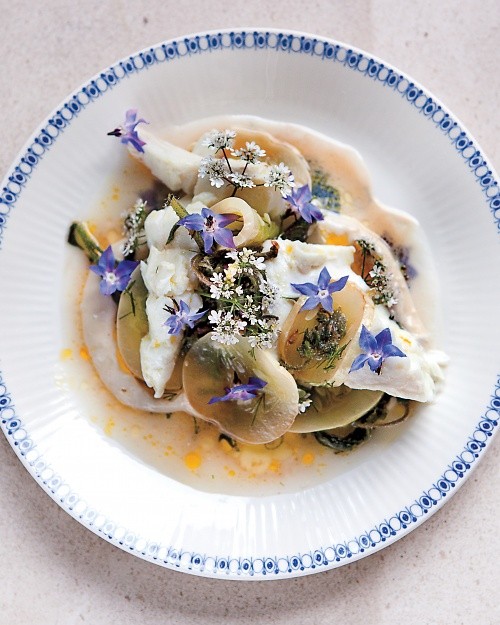 Gently steamed fish with cucumber, borage, and tahini sauce