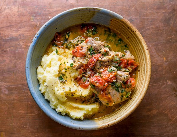 Georgian-style chicken stew with tomatoes and herbs