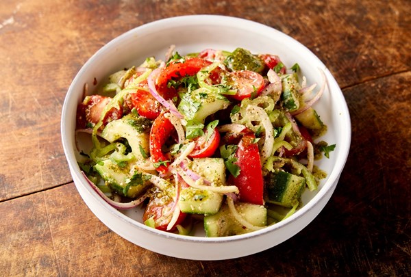 Georgian tomato and cucumber salad with walnuts