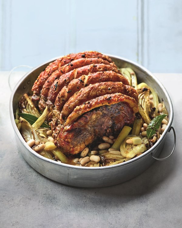 Georgina’s slow-roast pork shoulder with leeks, wine and cannellini beans 