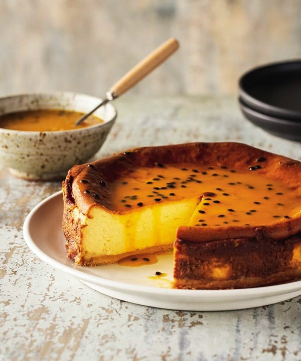 German baked cheesecake with passionfruit & basil [Annie Niemann / Lisa Sutherland, The Old Packhouse Market]
