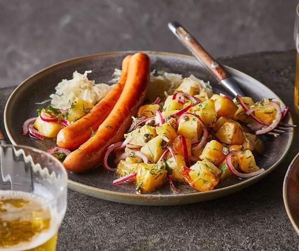 German-inspired potato salad with sausage & sauerkraut