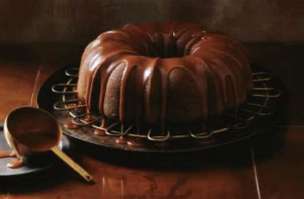 German pumpkin spice latte bundt with warm caramel fudge sauce
