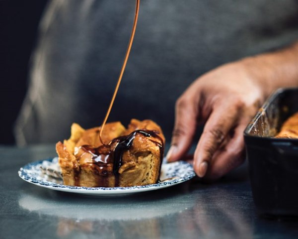 Ghee-infused pumpkin bread pudding with pomegranate molasses