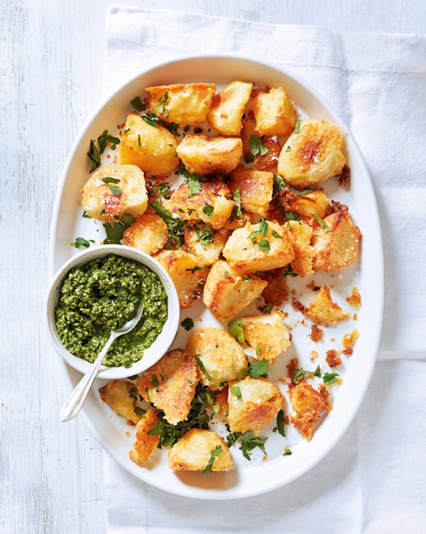 Ghee roast potatoes with fresh coriander chutney