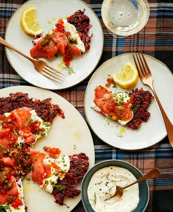 Giant beetroot latke with smoked salmon