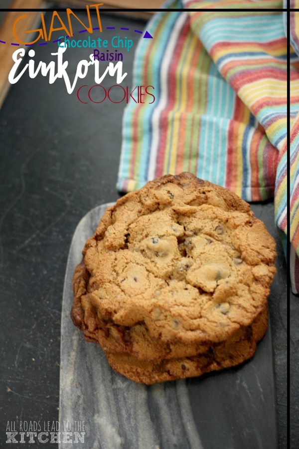 Giant chocolate chip raisin einkorn cookies
