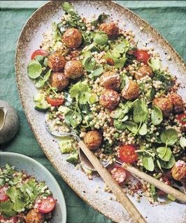 Giant couscous & falafel salad with sweet tahini dressing