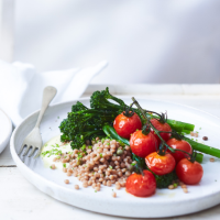 Giant couscous with tenderstem broccoli and saffron yogurt