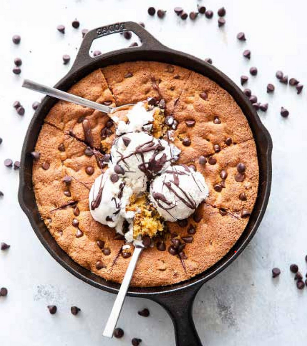 Giant fudgy chocolate chip skillet cookie