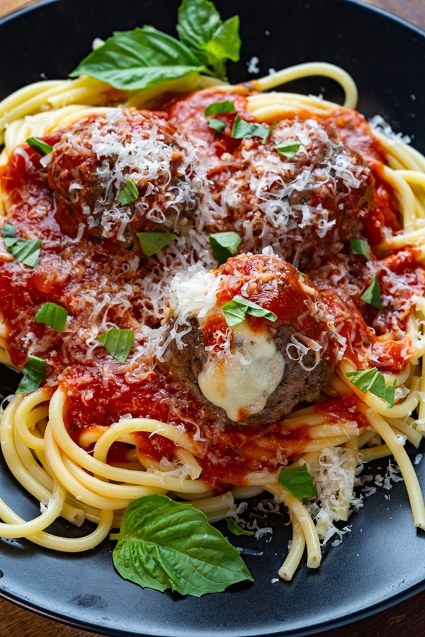 Giant mozzarella stuffed meatballs