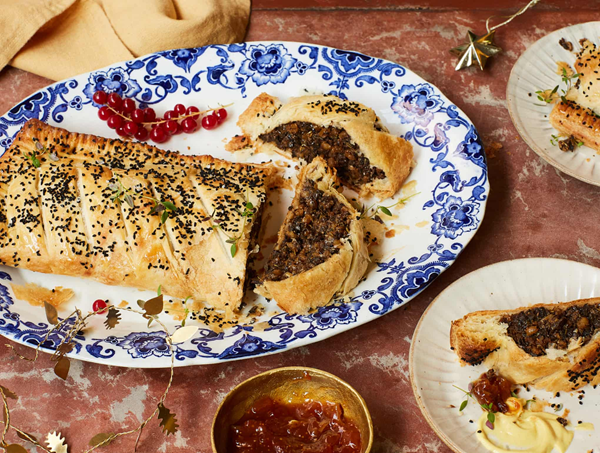 Giant mushroom and pearl barley 'sausage' roll