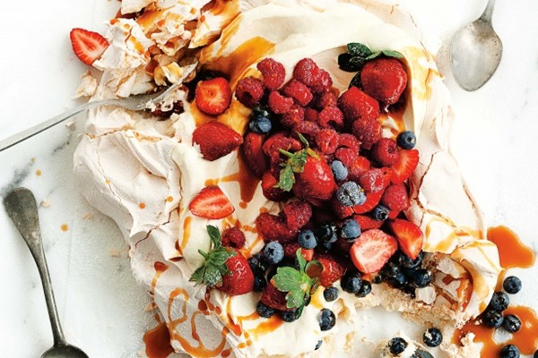 Giant Pavlova with berries and salted caramel