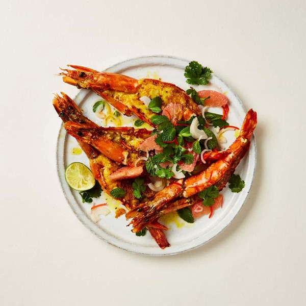 Giant prawns with grapefruit salad and fenugreek cream