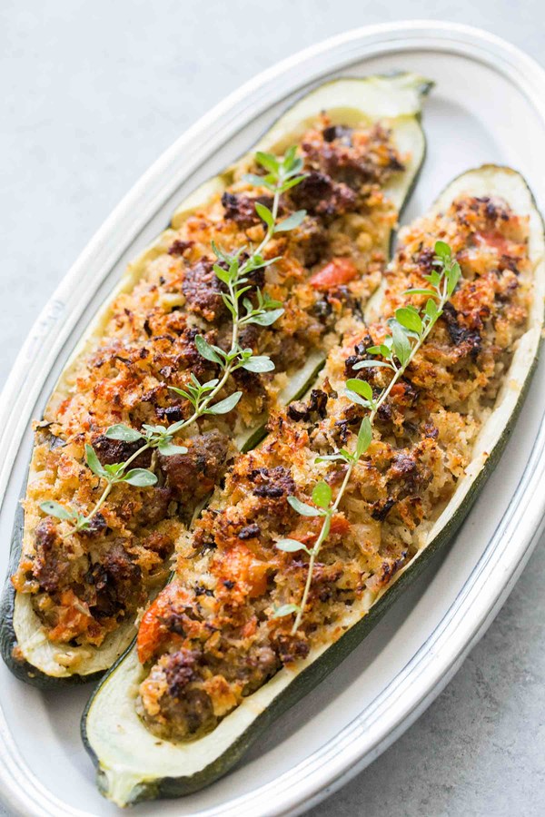 Giant sausage stuffed zucchini