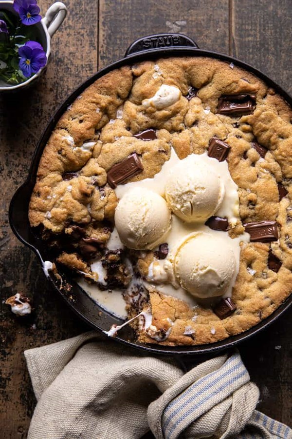 Giant s'mores stuffed chocolate chip skillet cookie