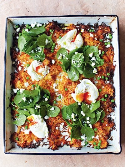 Giant veg rosti, poached eggs, spinach & peas