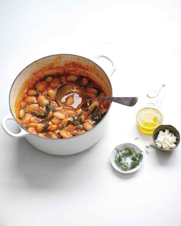 Gigante beans with feta and bitter greens