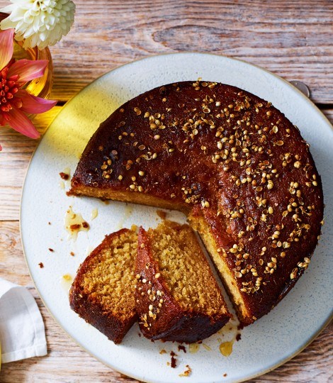 Gill Meller's coriander seed, spelt and orange honey cake with cardamom yogurt sorbet