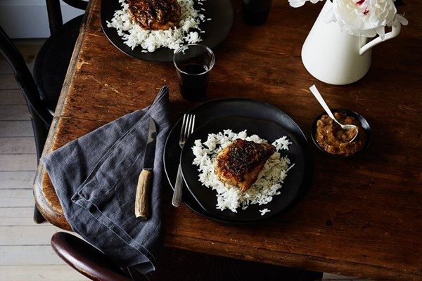 Gilled chicken with ramps and rhubarb chutney 