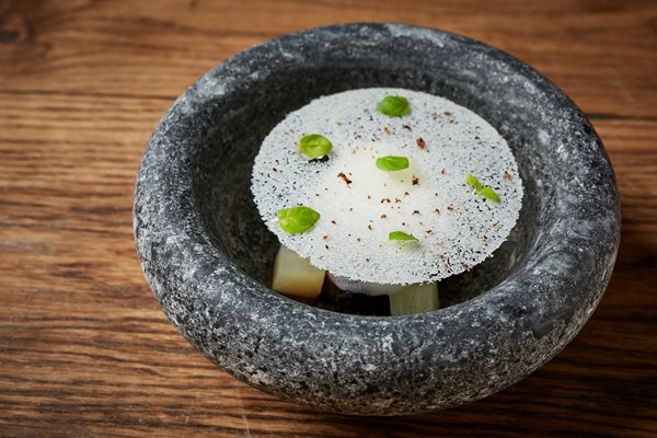 Gin sorbet with pickled blackberry, poached pear and juniper