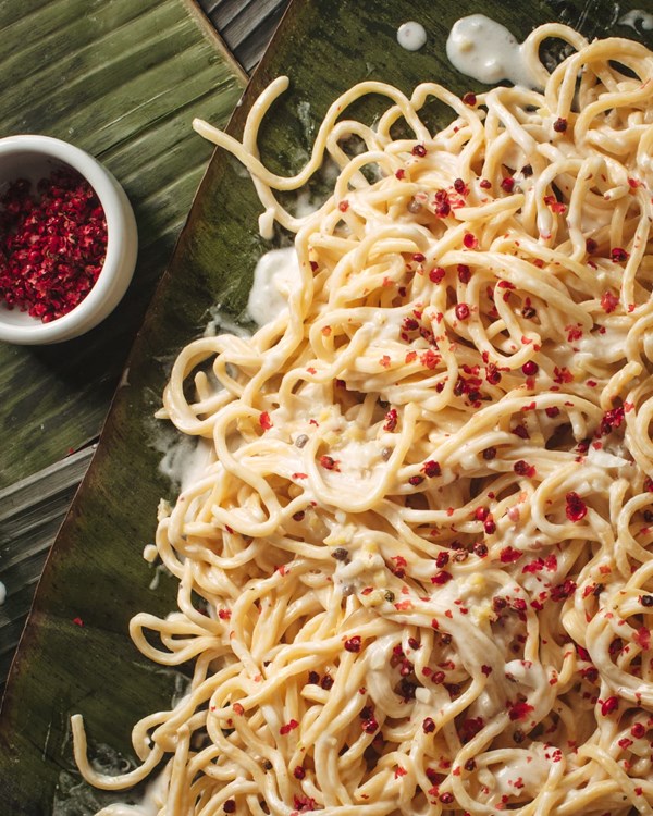 Ginataan pancit canton noodles with miso and pink peppercorns