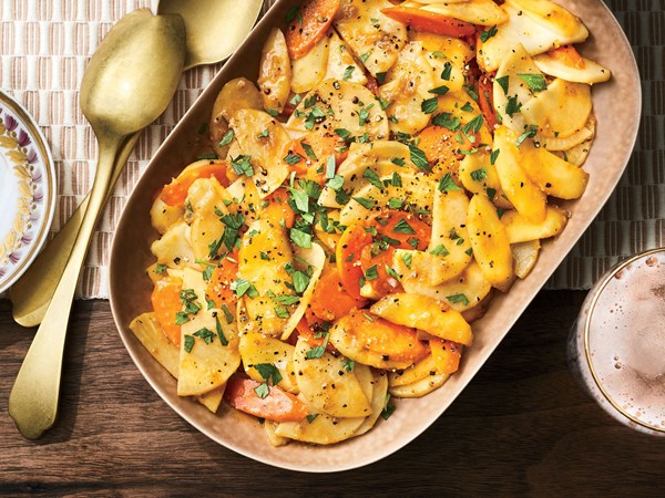 Ginger- and molasses-glazed root vegetables